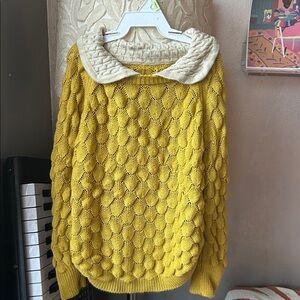 Yellow Cable Knit Sweater with Cream Collar